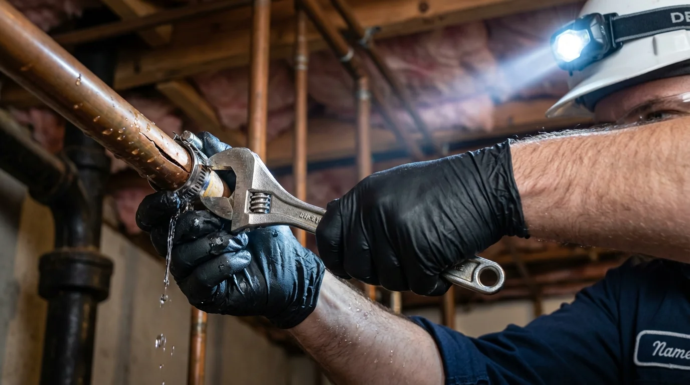 Emergency pipe clamp repair being performed by a Johns Plumbing LLC plumber in Milroy