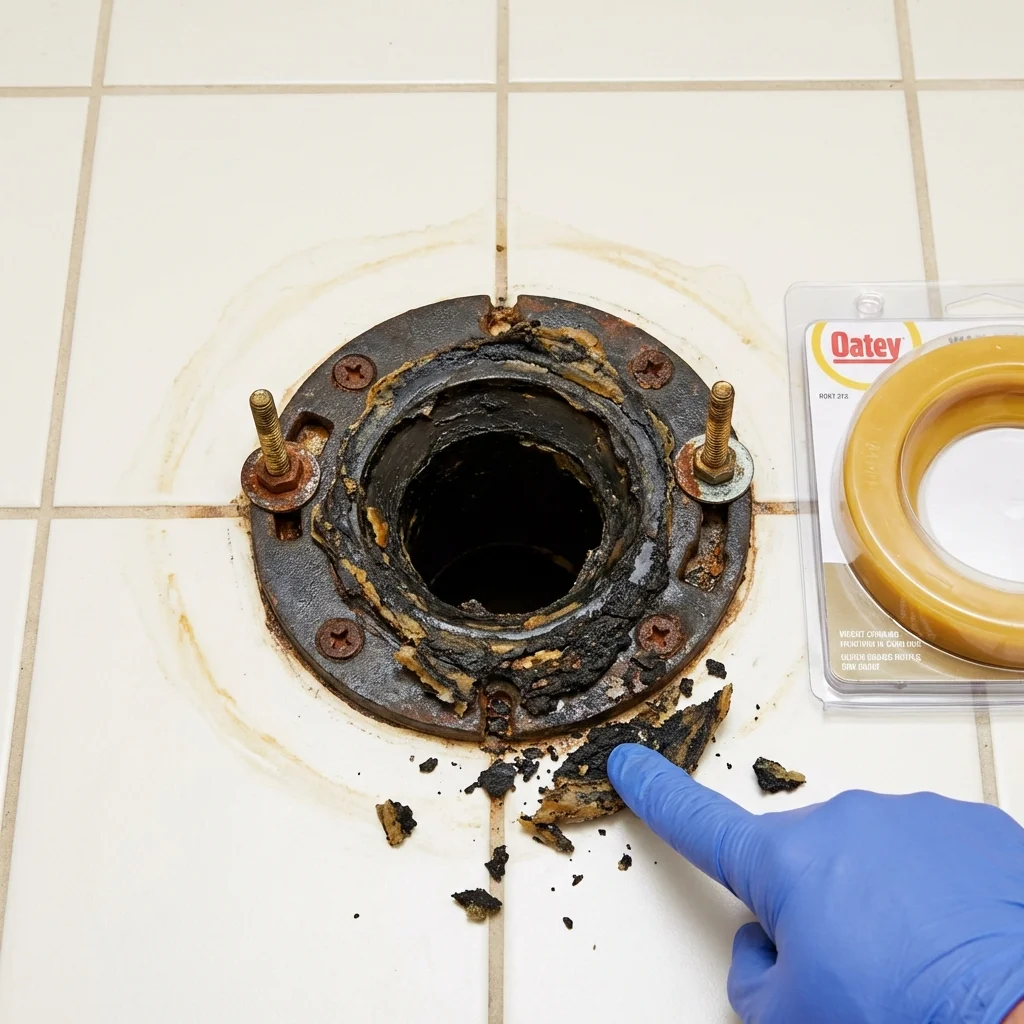 Failed wax ring showing water seepage at the base of a toilet in a Milroy, PA home