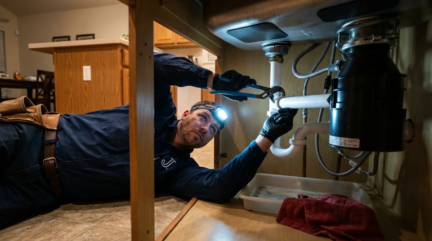 P-trap and supply line connections under a kitchen sink showing a common leak point in Milroy, PA